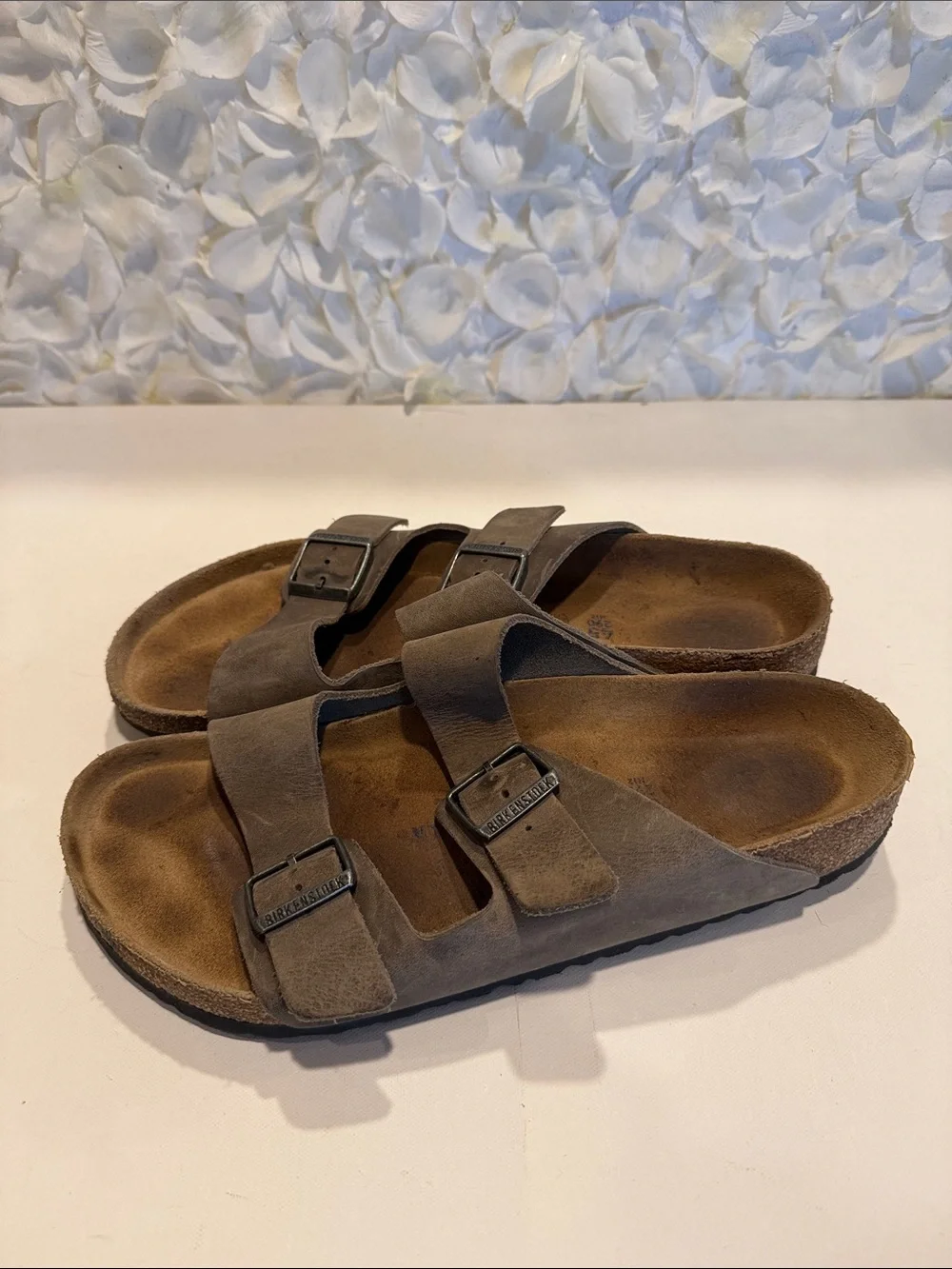 Birkenstock Taupe Suede Two-Strap Slide Sandals